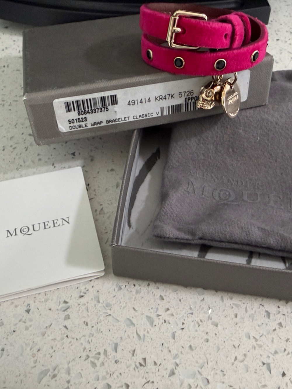 Alexander McQueen Fuchsia Leather Wrap Bracelet with Gold-Tone Charms